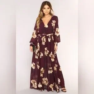 Fashion Nova Dresses Fashion Nova Maxi Dress L Park Ave Floral Surplice V Neck Plum Purple Split Hem Poshmark